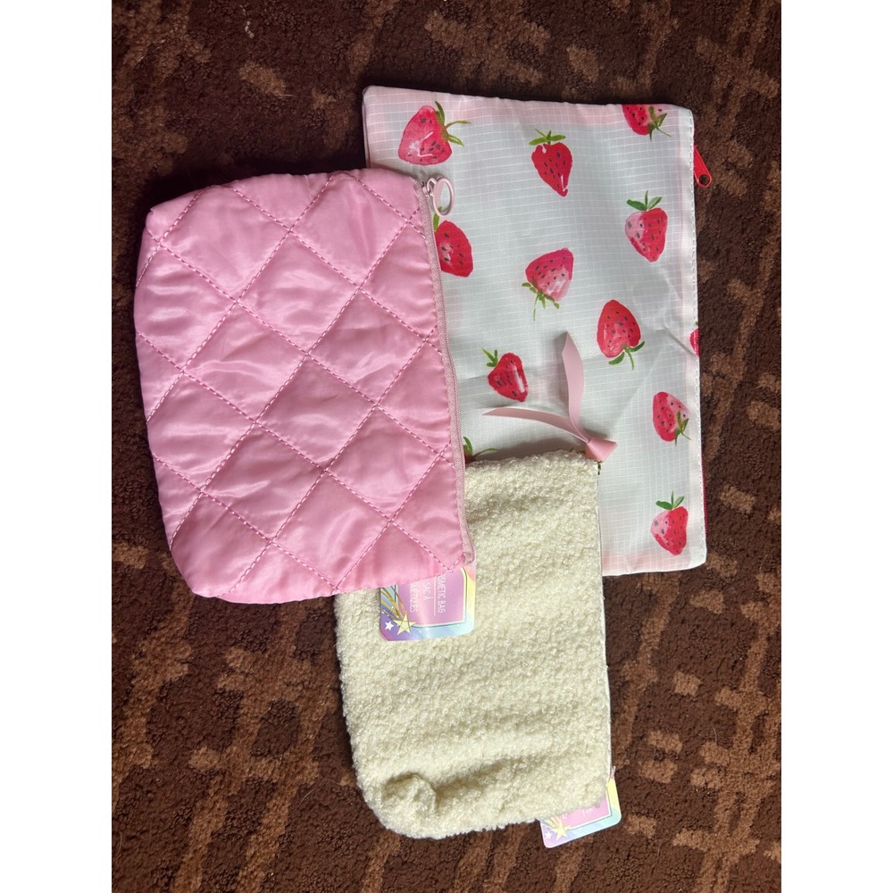 3pc Cosmetic Bag Set Pink Quilted Sherpa Strawberry